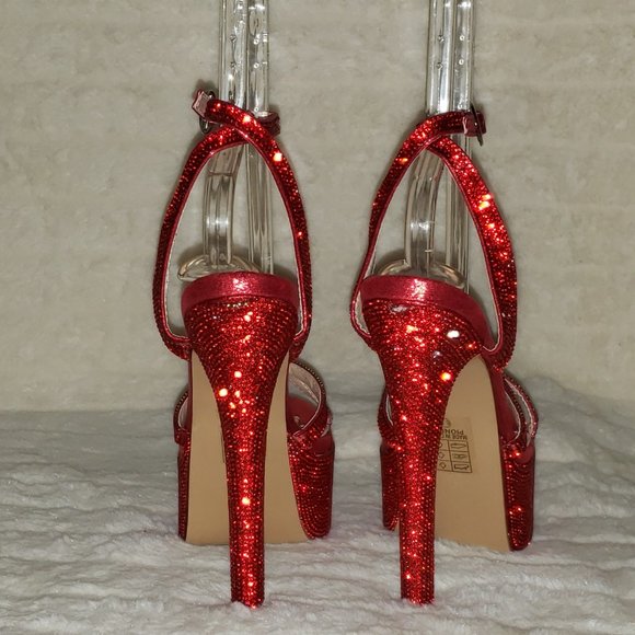 Bejeweled Pandora Bright Red Sparkling Rhinestone Platform 6.5" Heels Shoes - Picture 10 of 17